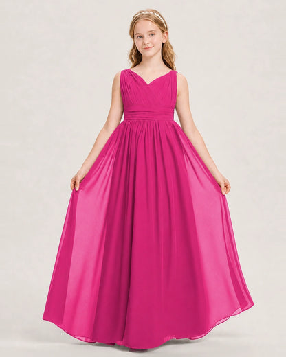 Hot Pink Junior Bridesmaid Dress Ruched V-Neck Pleated Waist Chiffon Floor-Length Gown Front View