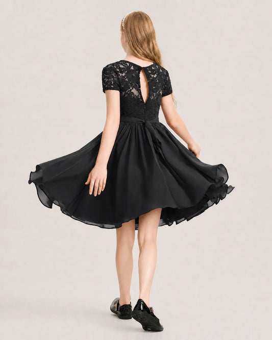Black Chiffon A-line Junior Bridesmaid Dress Back View