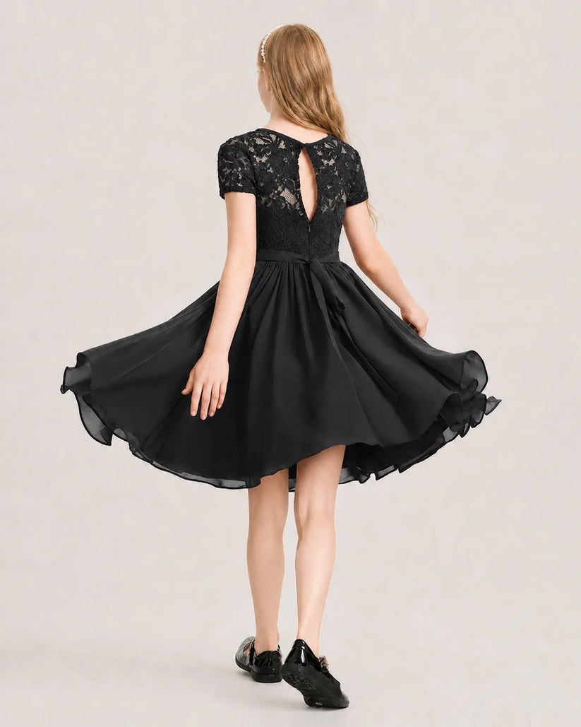 Black Chiffon A-line Junior Bridesmaid Dress Back View
