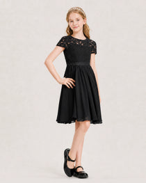 Black Junior Bridesmaid Dress Lace Bodice Keyhole Back Chiffon Knee-Length Dress Front View