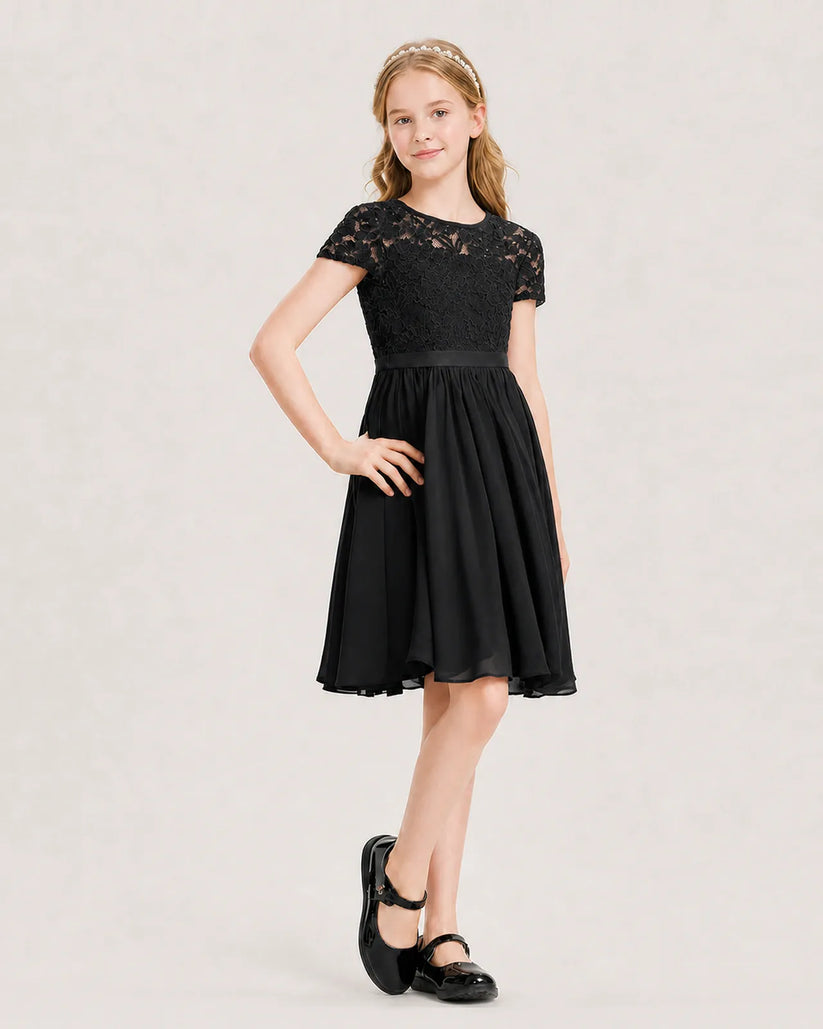 Black Chiffon A-line Junior Bridesmaid Dress Front View