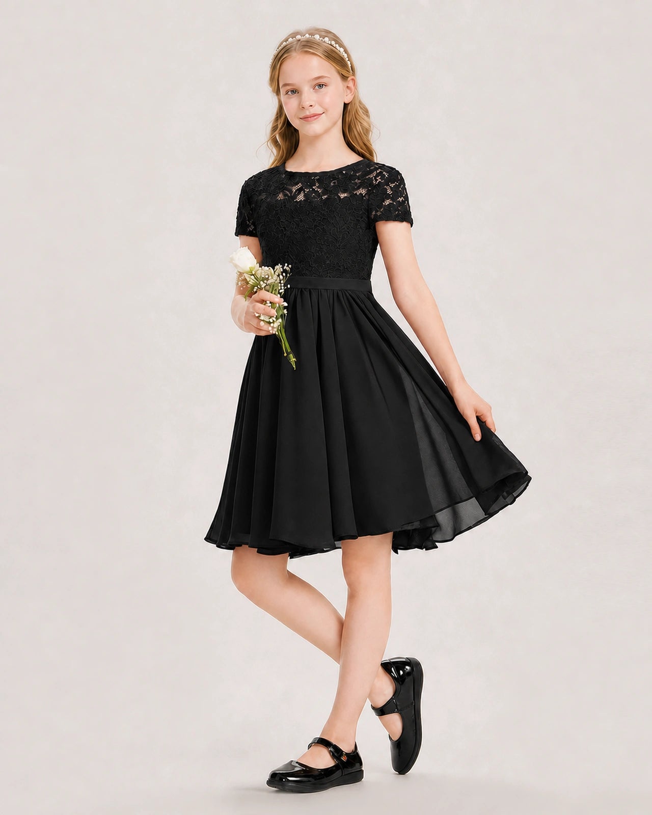 Black Junior Bridesmaid Dress Lace Bodice Keyhole Back Chiffon Knee-Length Dress Front View