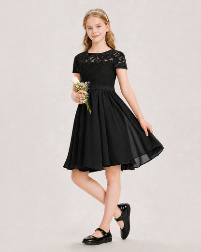 Black Junior Bridesmaid Dress Lace Bodice Keyhole Back Chiffon Knee-Length Dress Front View