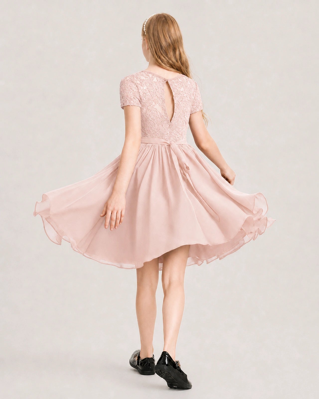Blush Pink Junior Bridesmaid Dress Lace Bodice Keyhole Back Chiffon Knee-Length Dress Back View