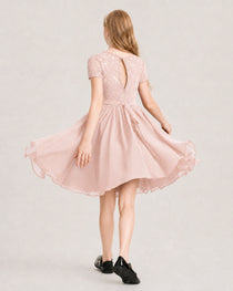 Blush Pink Junior Bridesmaid Dress Lace Bodice Keyhole Back Chiffon Knee-Length Dress Back View