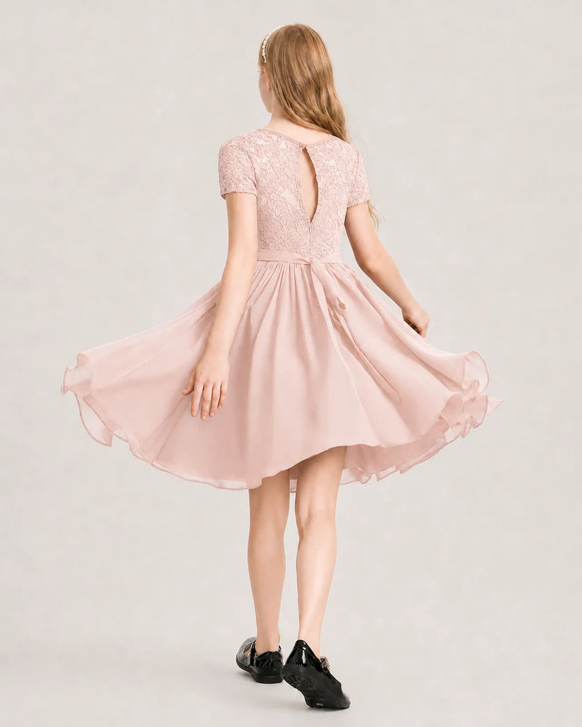 Blush Pink Chiffon A-line Junior Bridesmaid Dress Back View