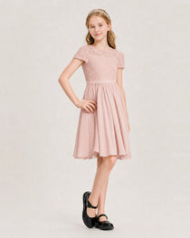 Blush Pink Junior Bridesmaid Dress Lace Bodice Keyhole Back Chiffon Knee-Length Dress Front View