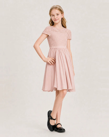 Blush Pink Junior Bridesmaid Dress Lace Bodice Keyhole Back Chiffon Knee-Length Dress Front View