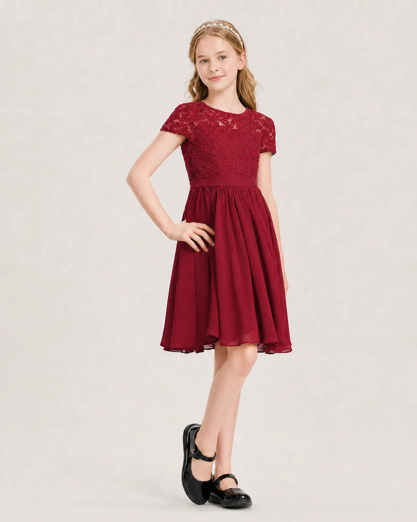Burgundy Chiffon A-line Junior Bridesmaid Dress Front View