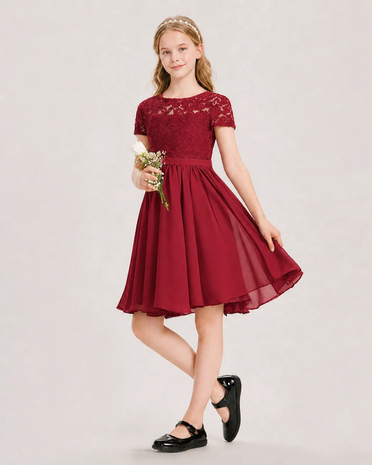 Burgundy Lace A-line Junior Bridesmaid Dress Front View
