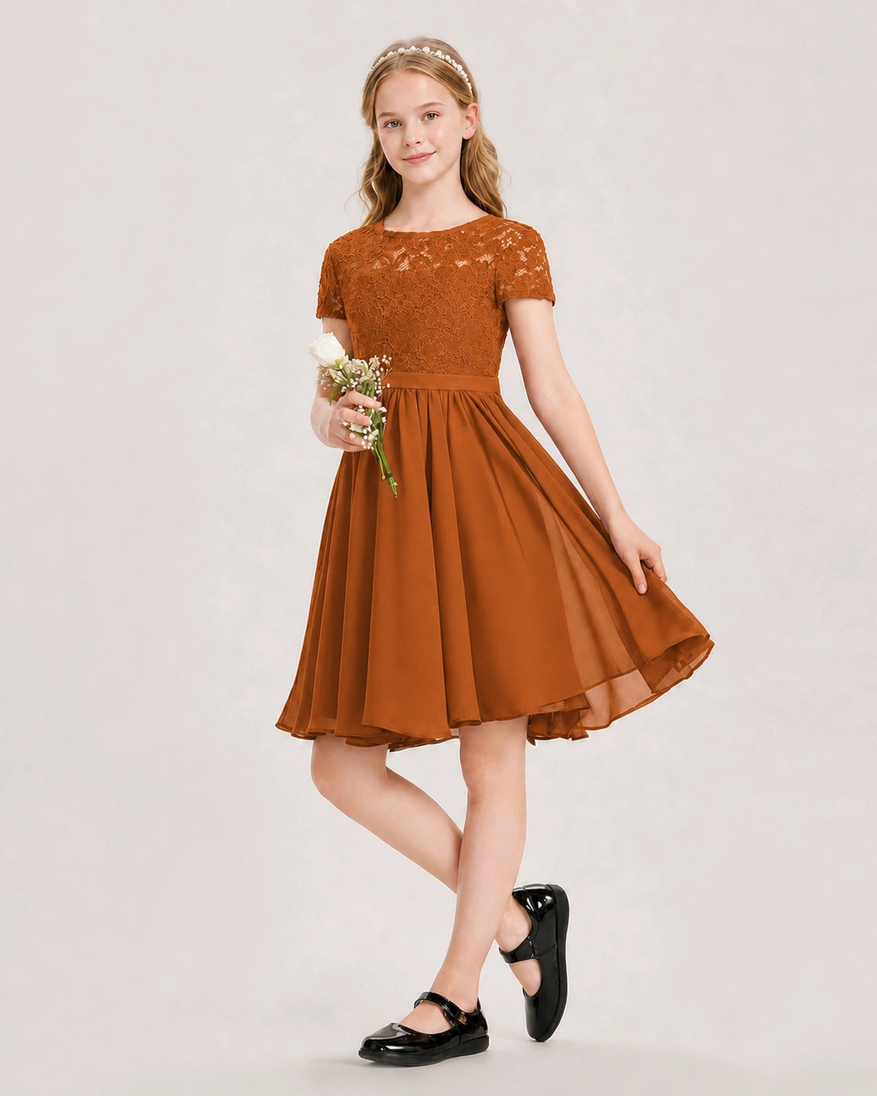 Burnt Orange Junior Bridesmaid Dress Lace Bodice Keyhole Back Chiffon Knee-Length Dress Front View