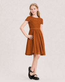 Burnt Orange Junior Bridesmaid Dress Lace Bodice Keyhole Back Chiffon Knee-Length Dress Front View