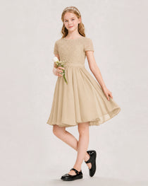 Champagne Junior Bridesmaid Dress Lace Bodice Keyhole Back Chiffon Knee-Length Dress Front View
