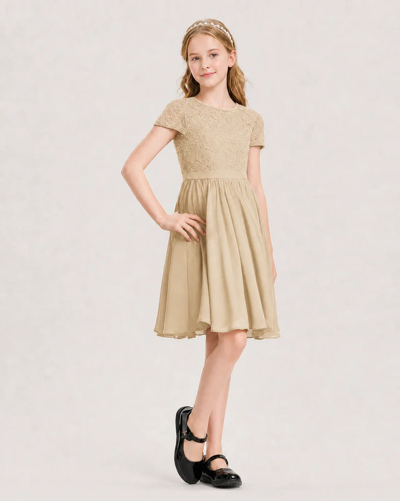 Champagne Lace A-line Junior Bridesmaid Dress Front View