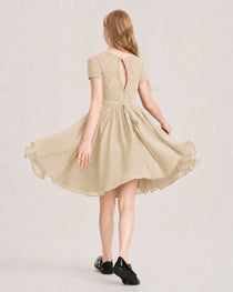 Champagne Junior Bridesmaid Dress Lace Bodice Keyhole Back Chiffon Knee-Length Dress Back View