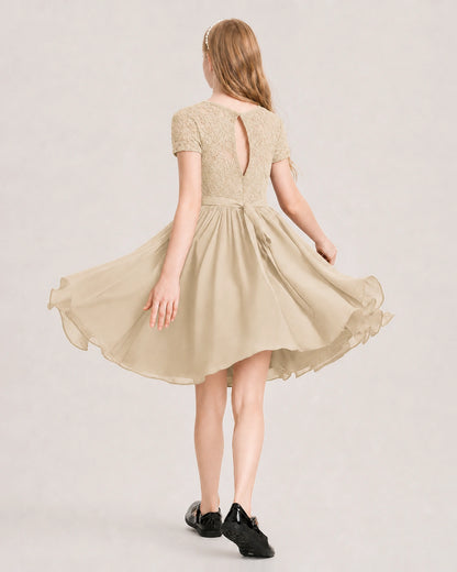 Champagne Junior Bridesmaid Dress Lace Bodice Keyhole Back Chiffon Knee-Length Dress Back View