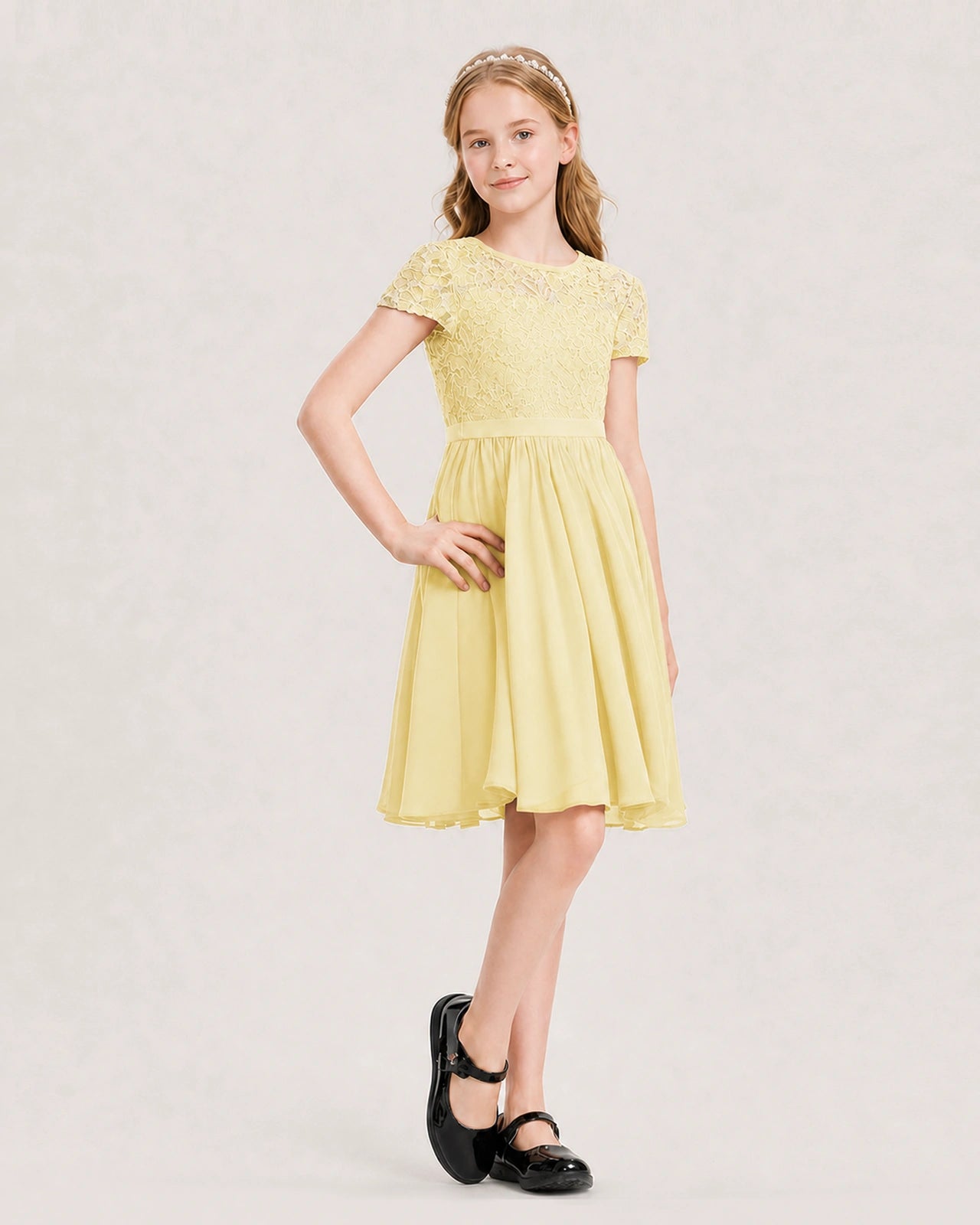 Daffodil Junior Bridesmaid Dress Lace Bodice Keyhole Back Chiffon Knee-Length Dress Front View