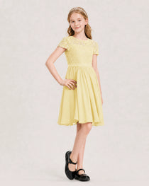 Daffodil Junior Bridesmaid Dress Lace Bodice Keyhole Back Chiffon Knee-Length Dress Front View
