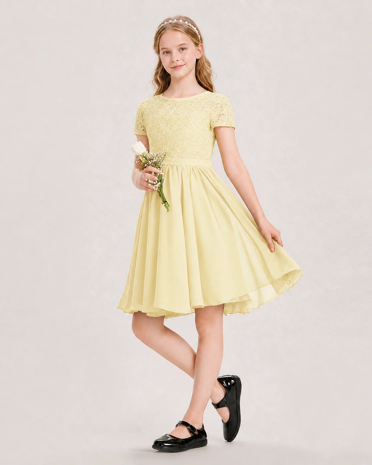 Daffodil Junior Bridesmaid Dress Lace Bodice Keyhole Back Chiffon Knee-Length Dress Front View