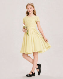Daffodil Junior Bridesmaid Dress Lace Bodice Keyhole Back Chiffon Knee-Length Dress Front View