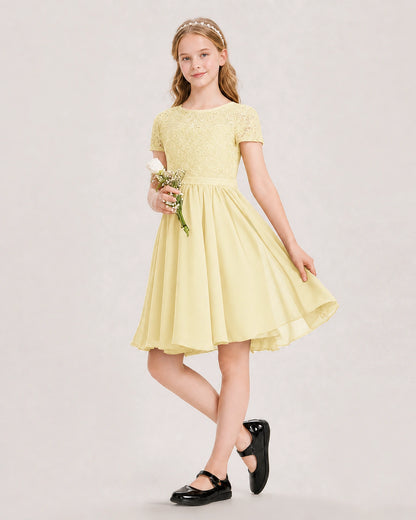 Daffodil Junior Bridesmaid Dress Lace Bodice Keyhole Back Chiffon Knee-Length Dress Front View
