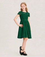 Dark Green Lace A-line Junior Bridesmaid Dress Front View