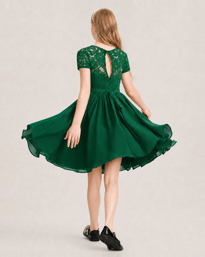 Dark Green Junior Bridesmaid Dress Lace Bodice Keyhole Back Chiffon Knee-Length Dress Back View