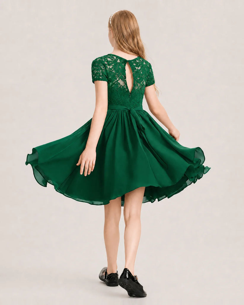 Dark Green Lace A-line Junior Bridesmaid Dress Back View