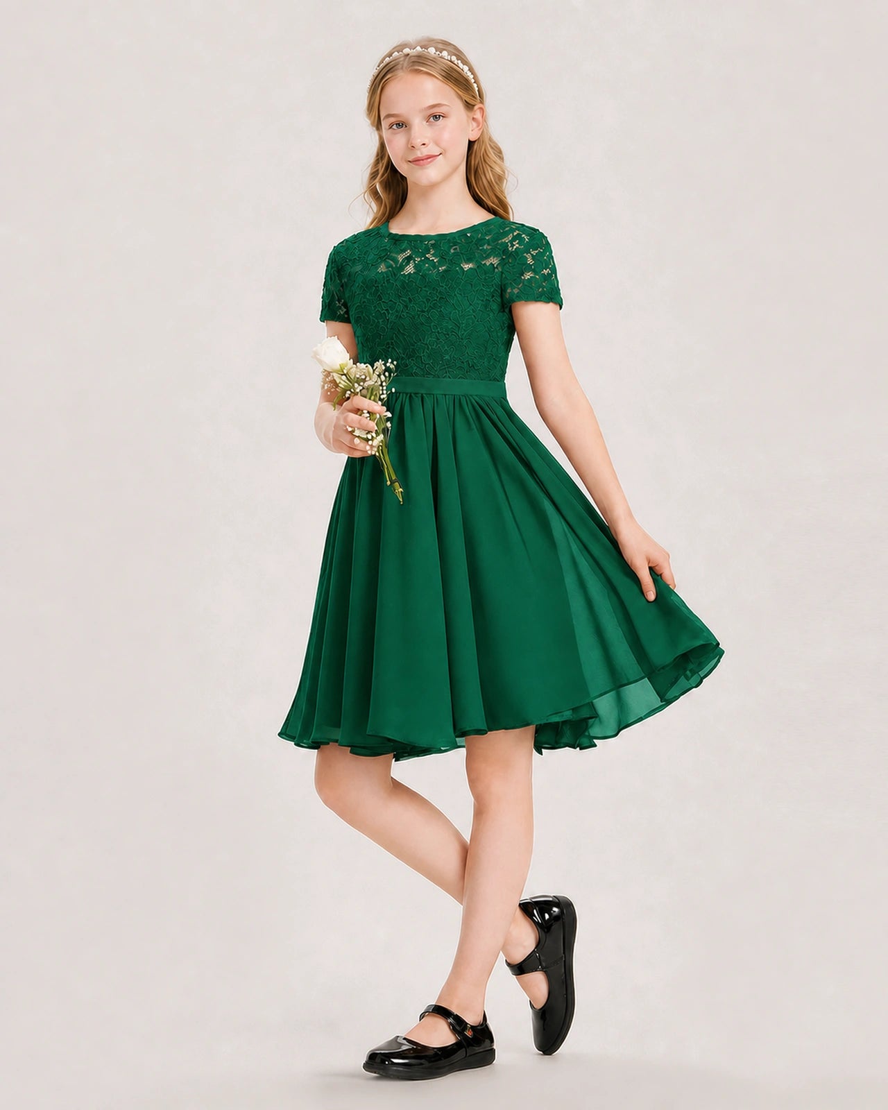 Dark Green Junior Bridesmaid Dress Lace Bodice Keyhole Back Chiffon Knee-Length Dress Front View
