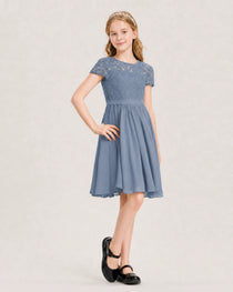 Dusty Blue Junior Bridesmaid Dress Lace Bodice Keyhole Back Chiffon Knee-Length Dress Front View