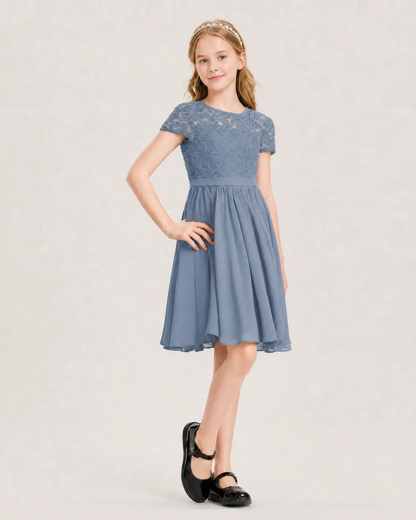 Dusty Blue Chiffon A-line Junior Bridesmaid Dress Front View