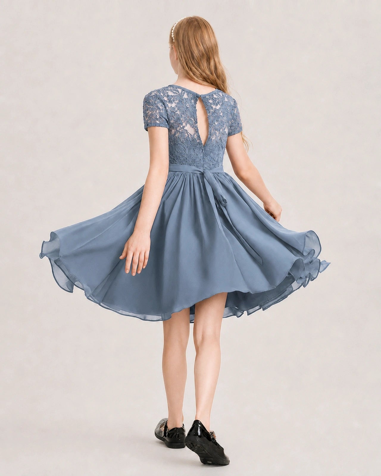 Dusty Blue Junior Bridesmaid Dress Lace Bodice Keyhole Back Chiffon Knee-Length Dress Back View