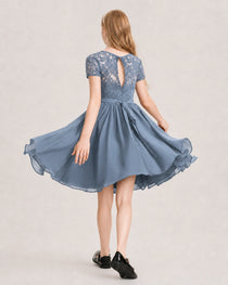 Dusty Blue Junior Bridesmaid Dress Lace Bodice Keyhole Back Chiffon Knee-Length Dress Back View