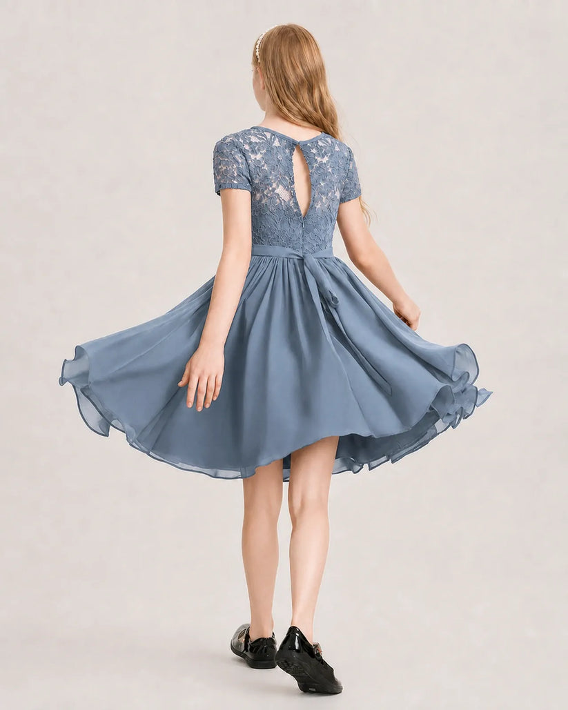 Dusty Blue Chiffon A-line Junior Bridesmaid Dress Back View
