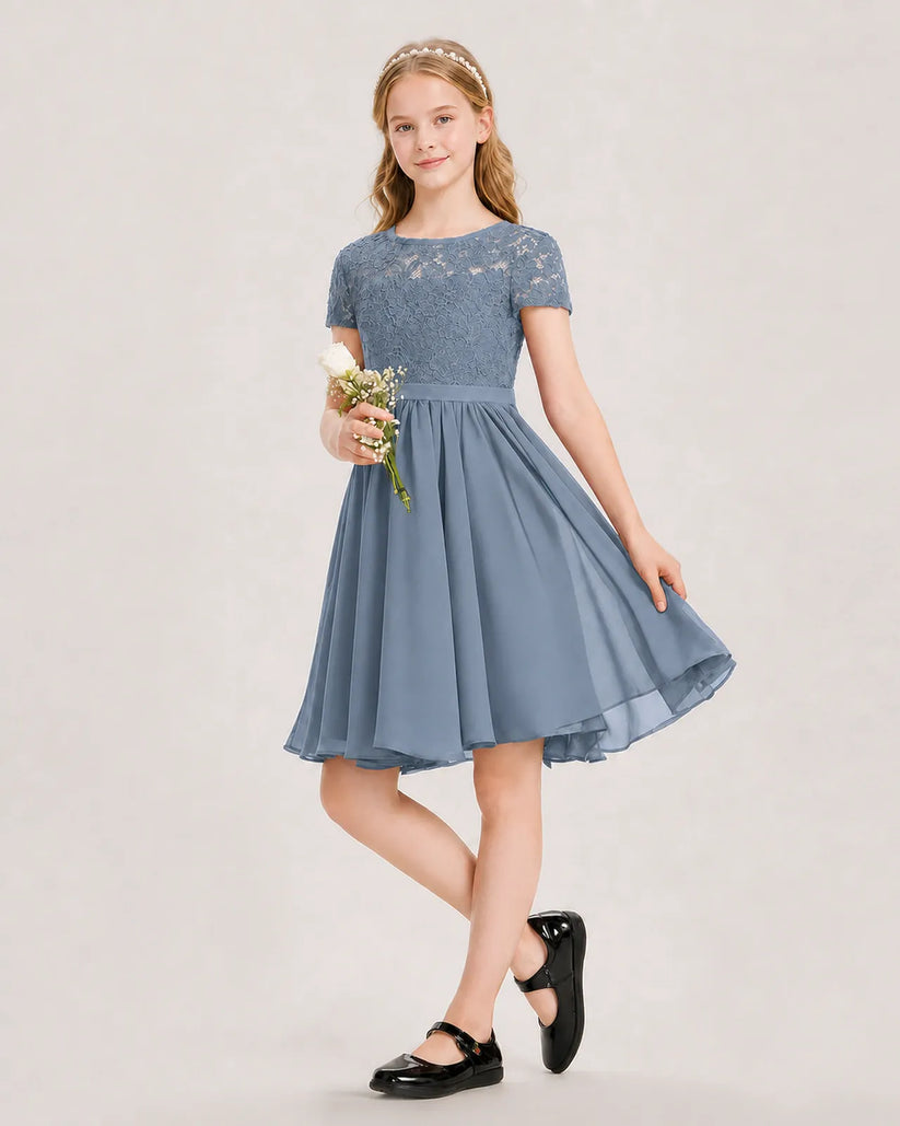 Dusty Blue Chiffon A-line Junior Bridesmaid Dress Front View