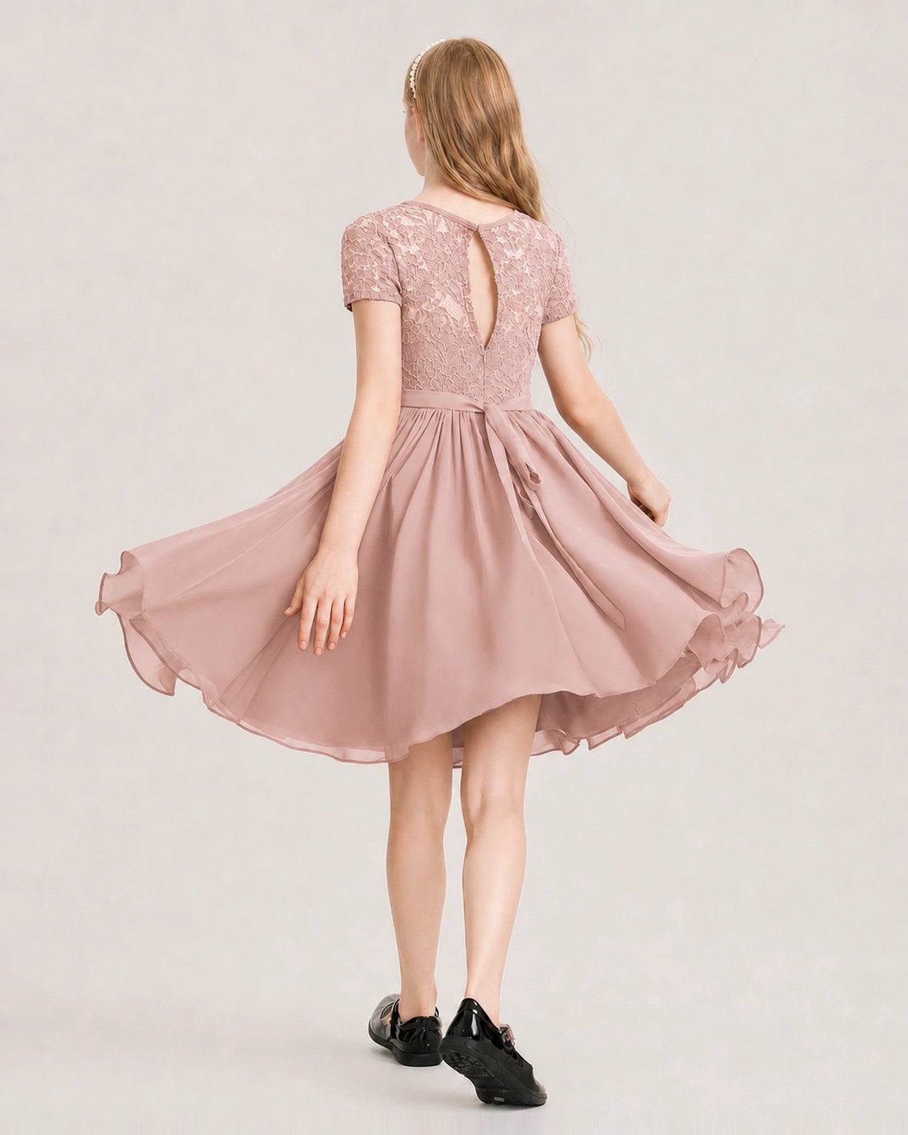 Dusty Rose Junior Bridesmaid Dress Lace Bodice Keyhole Back Chiffon Knee-Length Dress Back View