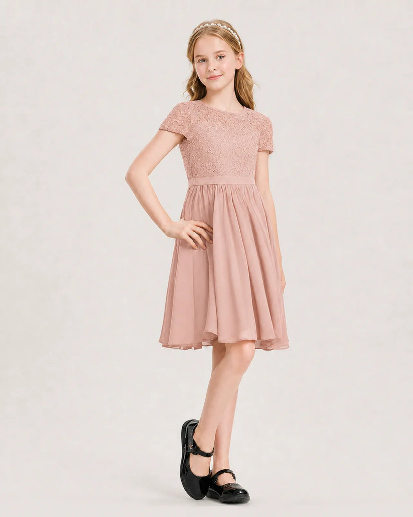 Dusty Rose Lace A-line Junior Bridesmaid Dress Front View