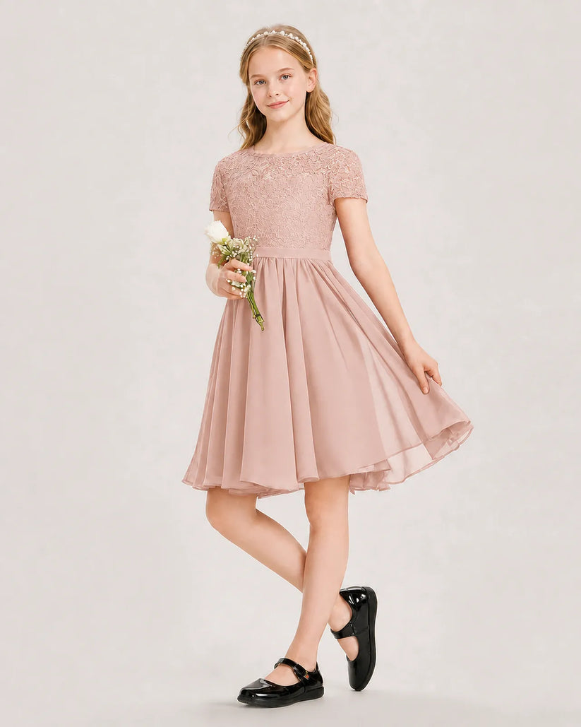 Dusty Rose Chiffon A-line Junior Bridesmaid Dress Front View