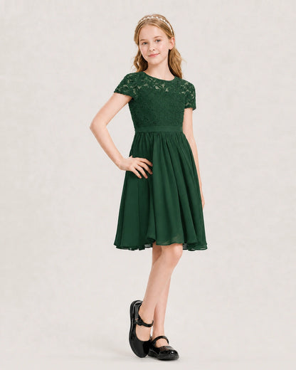 Emerald Green Junior Bridesmaid Dress Lace Bodice Keyhole Back Chiffon Knee-Length Dress Front View