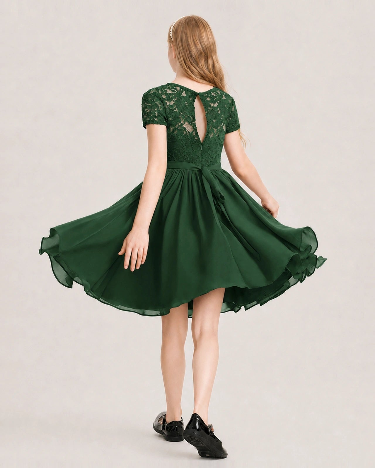 Emerald Green Junior Bridesmaid Dress Lace Bodice Keyhole Back Chiffon Knee-Length Dress Back View