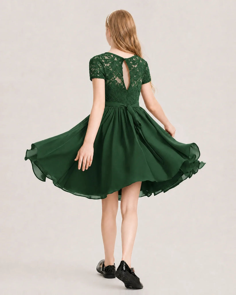 Emerald Green Chiffon A-line Junior Bridesmaid Dress Back View