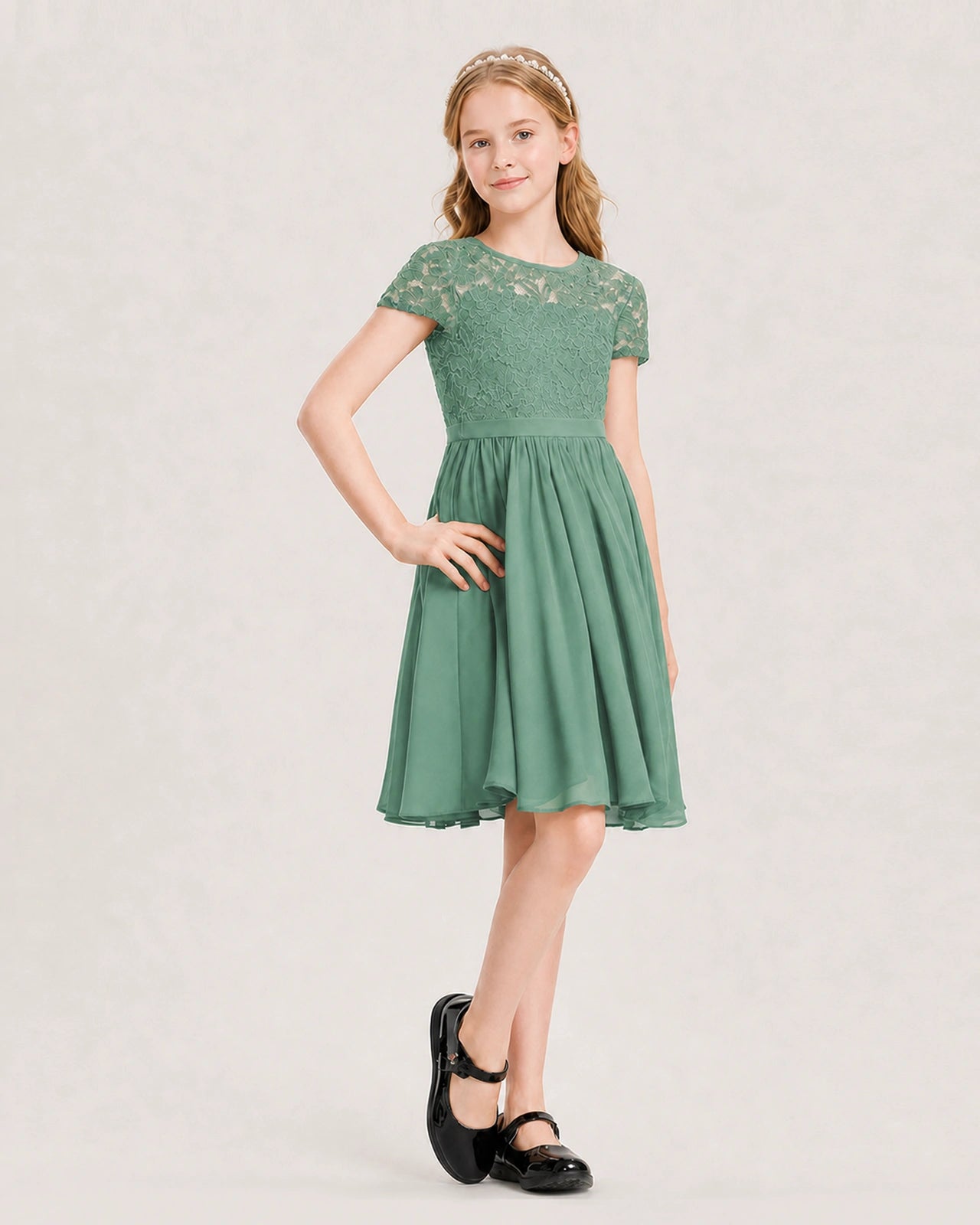 Eucalyptus Green Junior Bridesmaid Dress Lace Bodice Keyhole Back Chiffon Knee-Length Dress Front View