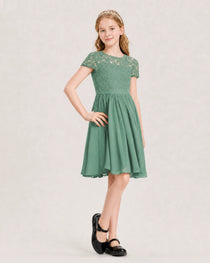 Eucalyptus Green Junior Bridesmaid Dress Lace Bodice Keyhole Back Chiffon Knee-Length Dress Front View