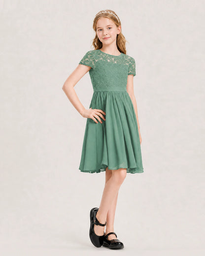 Eucalyptus Green Junior Bridesmaid Dress Lace Bodice Keyhole Back Chiffon Knee-Length Dress Front View