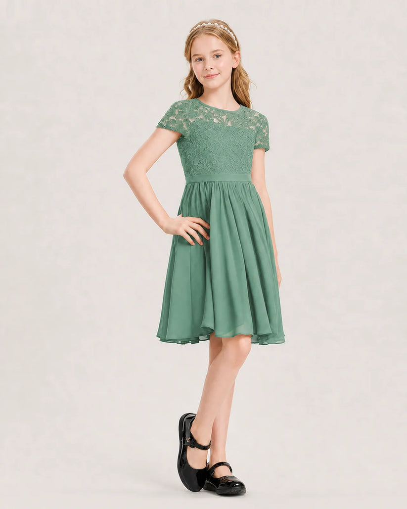 Eucalyptus Chiffon A-line Junior Bridesmaid Dress Front View