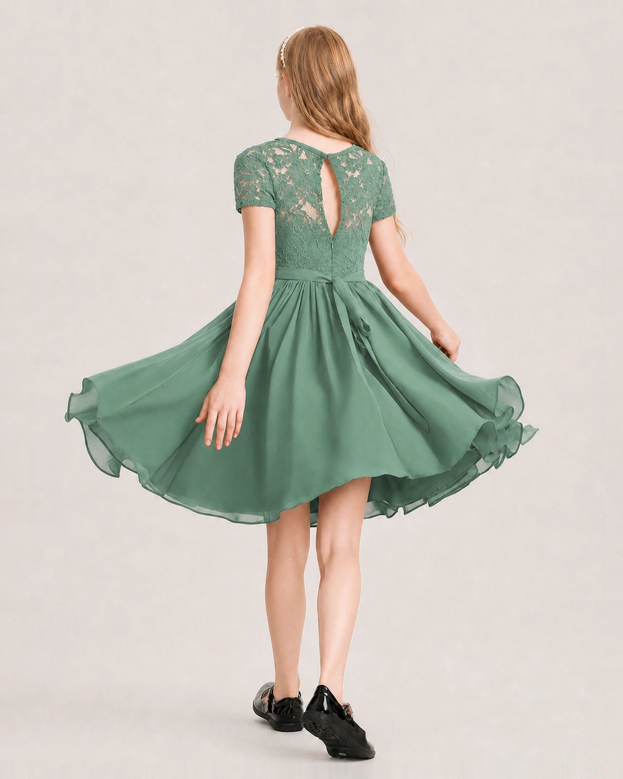 Eucalyptus Green Junior Bridesmaid Dress Lace Bodice Keyhole Back Chiffon Knee-Length Dress Back View