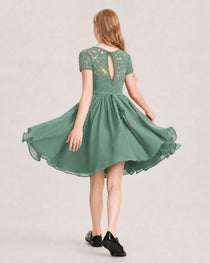 Eucalyptus Green Junior Bridesmaid Dress Lace Bodice Keyhole Back Chiffon Knee-Length Dress Back View