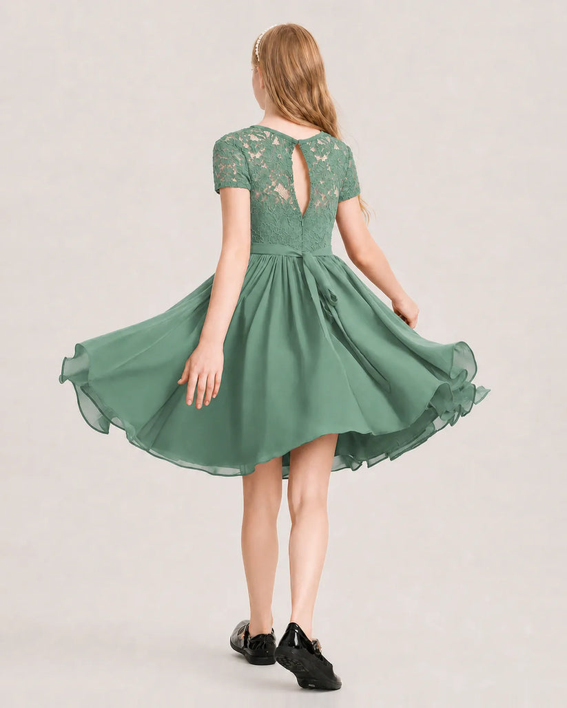 Eucalyptus Chiffon A-line Junior Bridesmaid Dress Back View