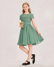 Eucalyptus Green Junior Bridesmaid Dress Lace Bodice Keyhole Back Chiffon Knee-Length Dress Front View