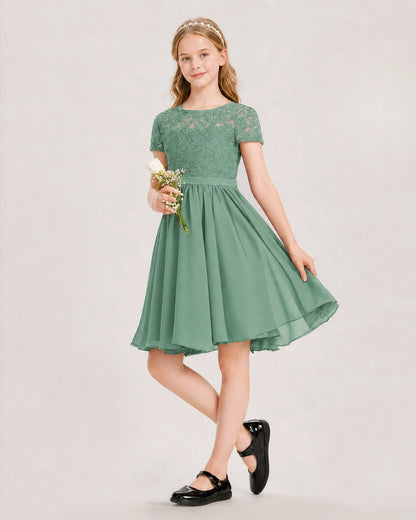 Eucalyptus Green Junior Bridesmaid Dress Lace Bodice Keyhole Back Chiffon Knee-Length Dress Front View
